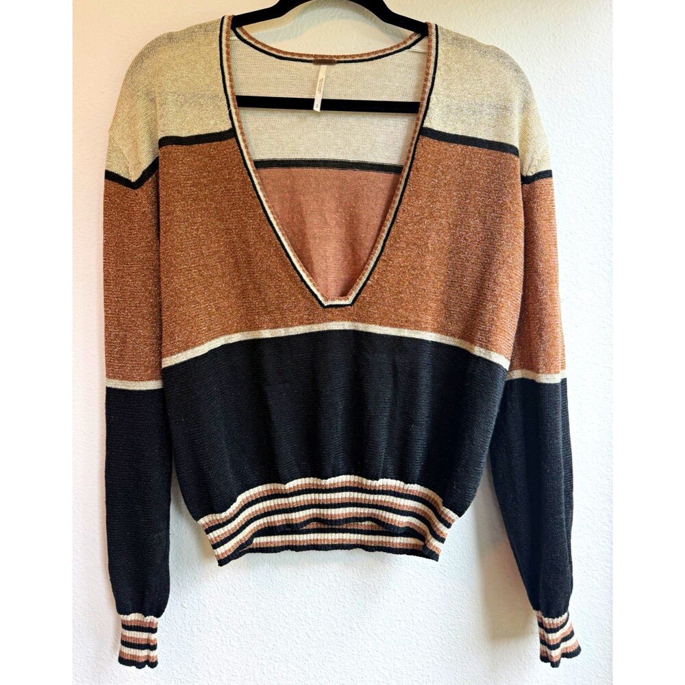 Free People Multicolor Colorblock Knit V-Neck Long Sleeve Sweater S
